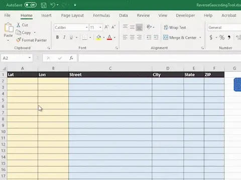 Step 1: Paste your geocodes into the Excel Reverse Geocoder