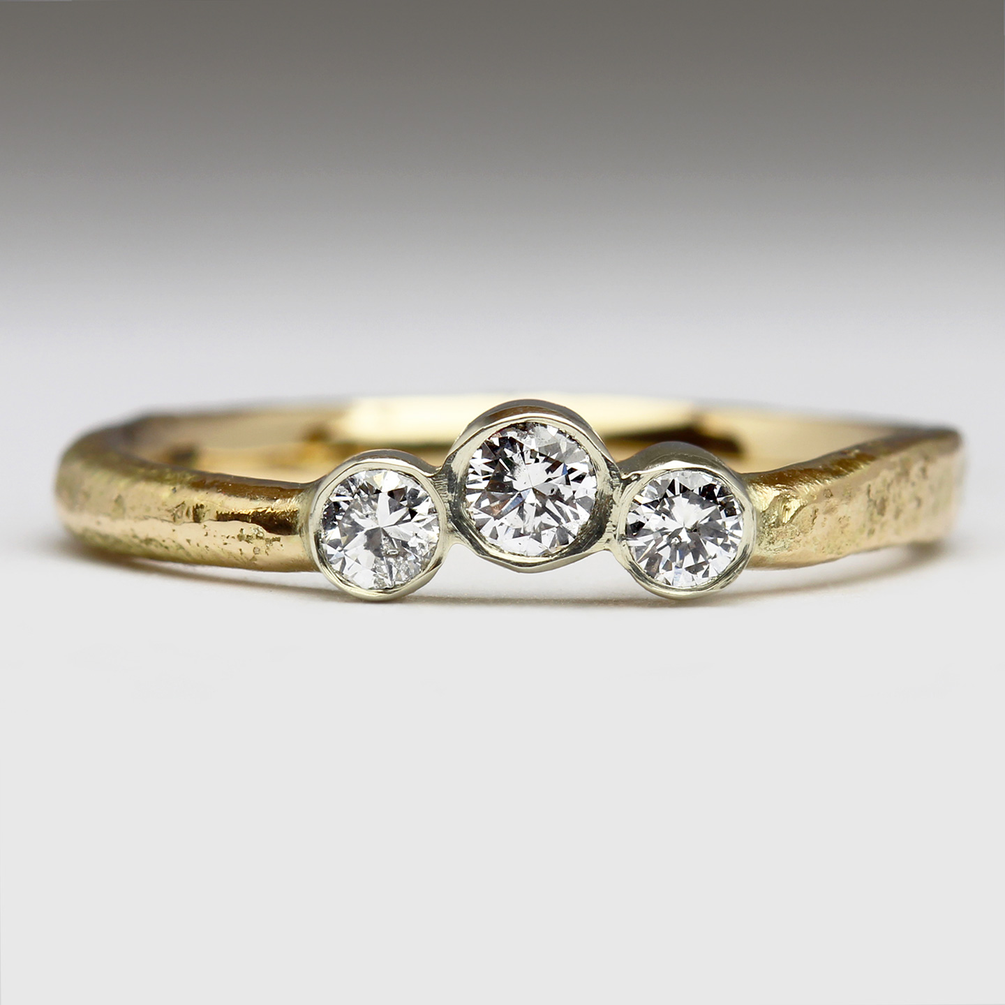9ct Yellow Gold Sandcast Ring with Three Diamonds Set in 9ct White Gol ...