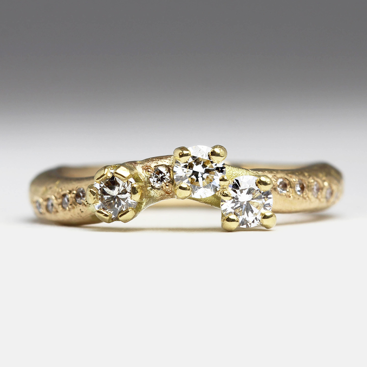 18ct Yellow Gold Sandcast Shaped Ring with Claw Set Heirloom Diamonds ...