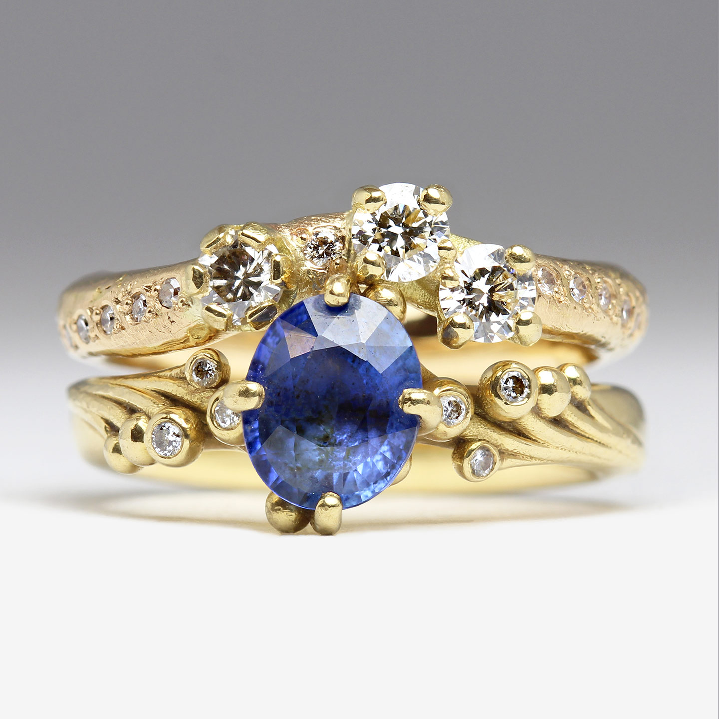 18ct Yellow Gold Sandcast Shaped Ring with Claw Set Heirloom Diamonds ...