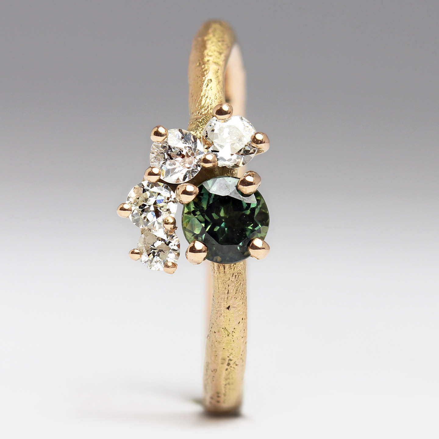 18ct Rose Gold Sandcast Engagement Ring with 4.5mm Green Sapphire & Wa ...