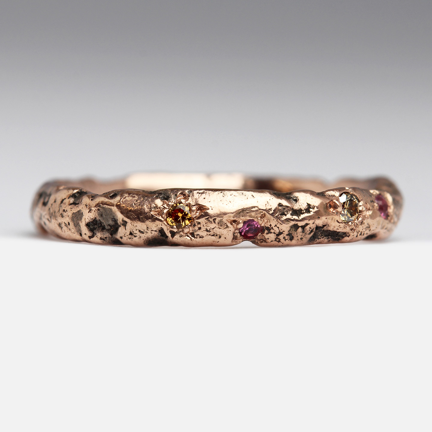 9ct Rose Gold Extra Texture Sandcast Ring with Scatter of Brown Diamon ...