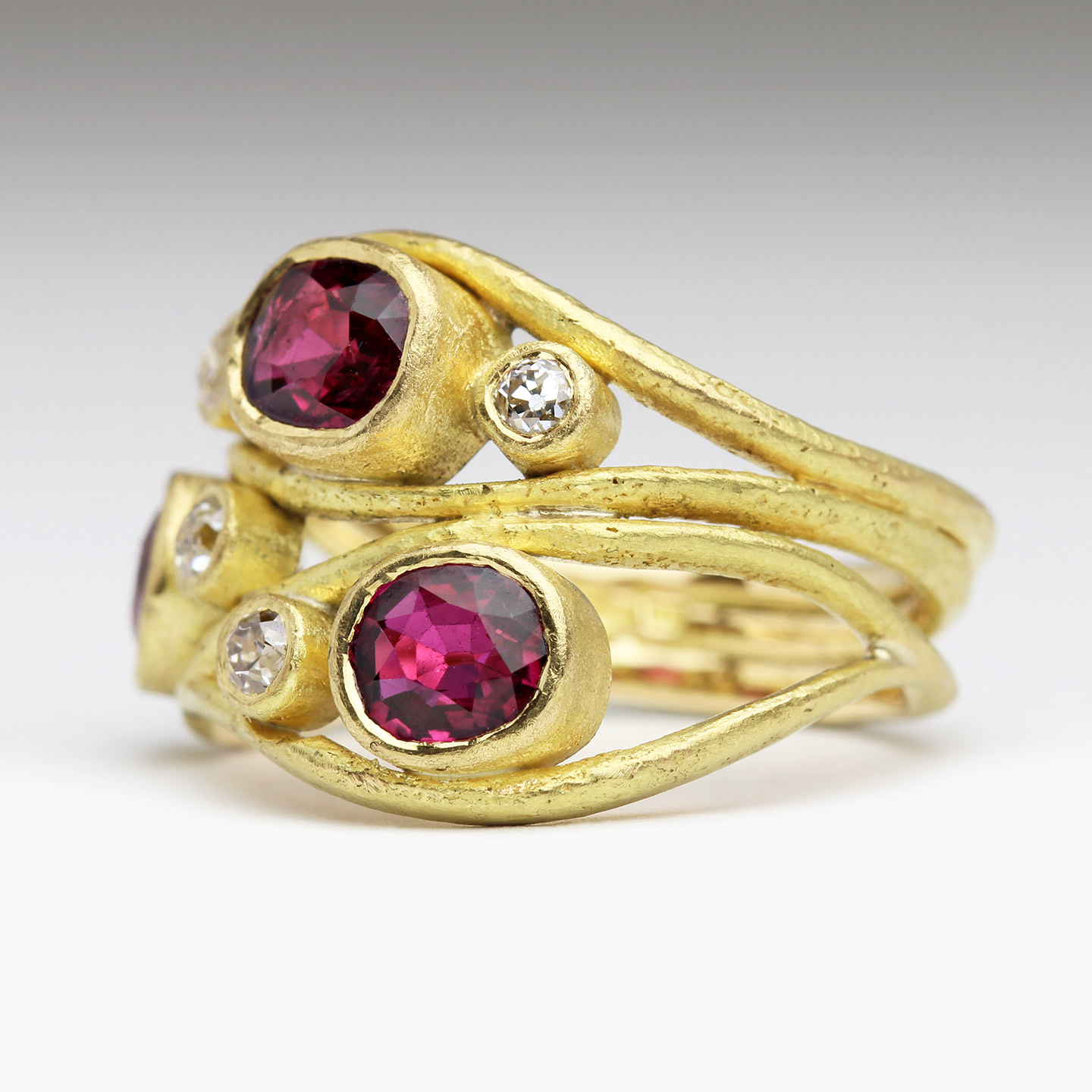 18ct Yellow Gold Sandcast Ring with Bezel Set Heirloom Rubies & Diamon ...