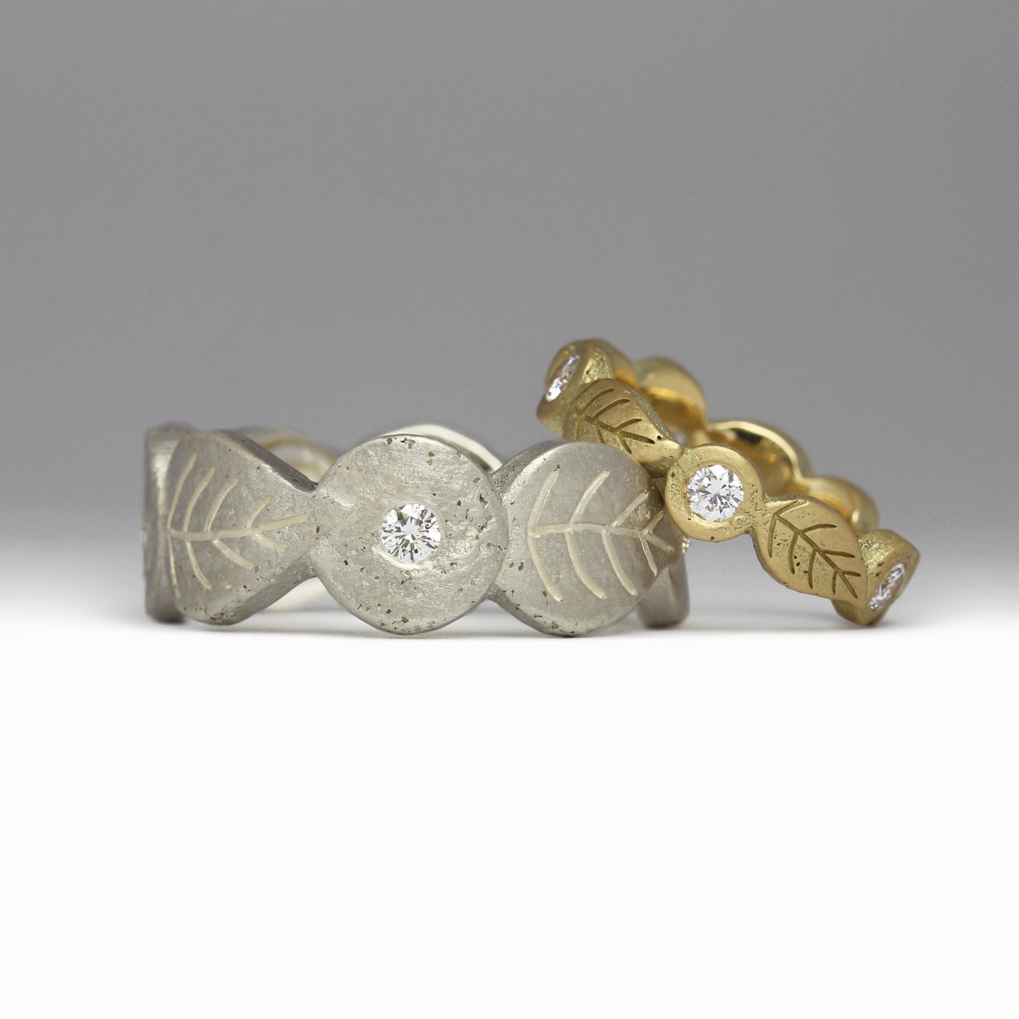 Leaf Motif Wedding Rings in Sandcast 14ct Yellow Gold & Silver with Fl ...