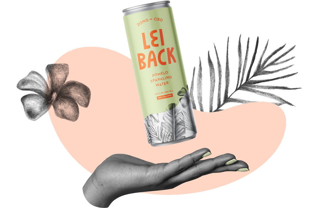 A collage of a hand with charcoal leaf drawings and a Lei Back Pomelo can hovering above